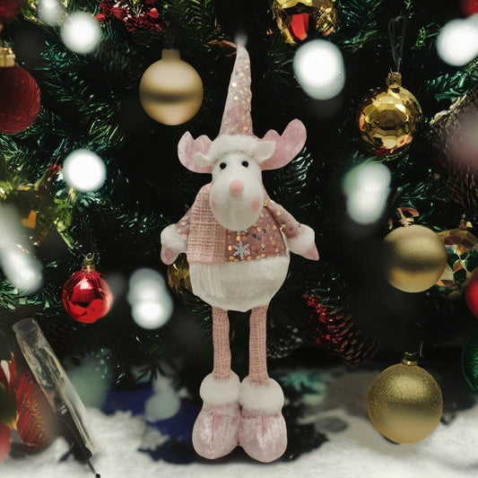 Figurina Decorativa, Pentru Craciun, Vivimall, Ren, Picioare Telescopice, Inaltime Reglabila 44-54cm, Bluza cu Paiete, Roz - vivimall.ro