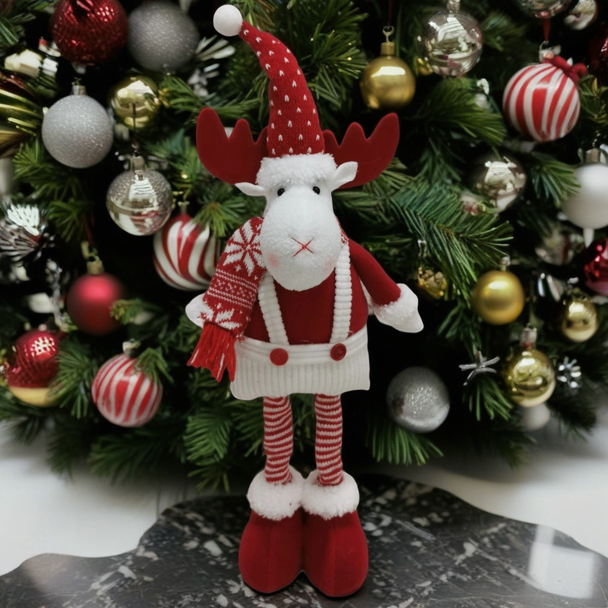Figurina Decorativa, Pentru Craciun, Ren, Picioare Telescopice, Inaltime Reglabila 44-54Cm, Caciula Cu Inimioare, /Rosu - vivimall.ro