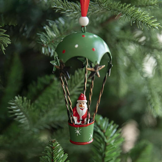 Figurina pentru Brad de Craciun, Vivimall, Model Mos Craciun in Balon cu Aer Cald, Ornament pentru Brad, din Metal, 11 x 5.5 x 5.5 cm, Verde - vivimall.ro