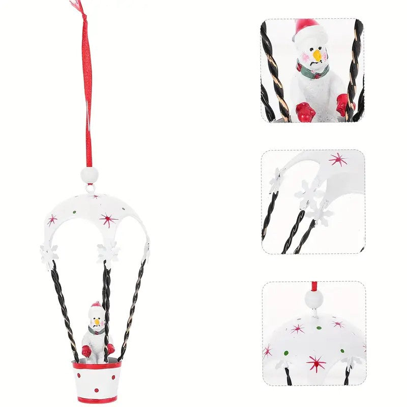 Figurina pentru Brad de Craciun, Flippy, Model Om de Zapada in Balon cu Aer Cald, Ornament pentru Brad, din Metal, 11 x 5.5 x 5.5 cm, Alb - vivimall.ro