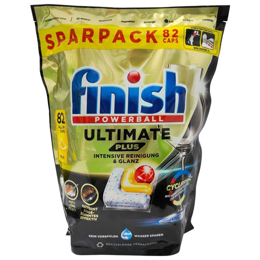 Capsule detergent vase Finish Ultimate Plus All in 1 Citrus, pachet 82 bucăți, vedere frontală cutie