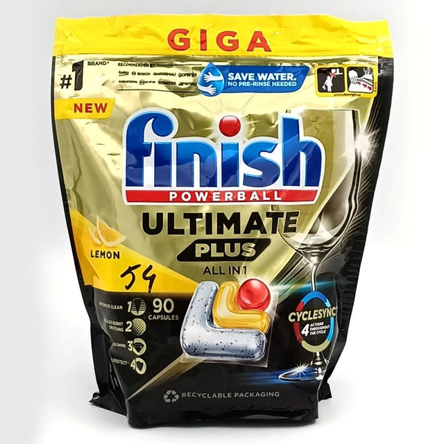 Capsule detergent vase Finish Ultimate Plus All in 1 Lămâie, pachet 90 bucăți, vedere frontală ambalaj