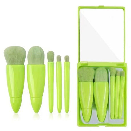 Set 5 Mini Pensule de Machiaj, Vivimall, Portabile, in Carcasa cu Oglinda, din Par Sintetic Moale, Verde Lime, 12x7x2.5 cm - vivimall.ro