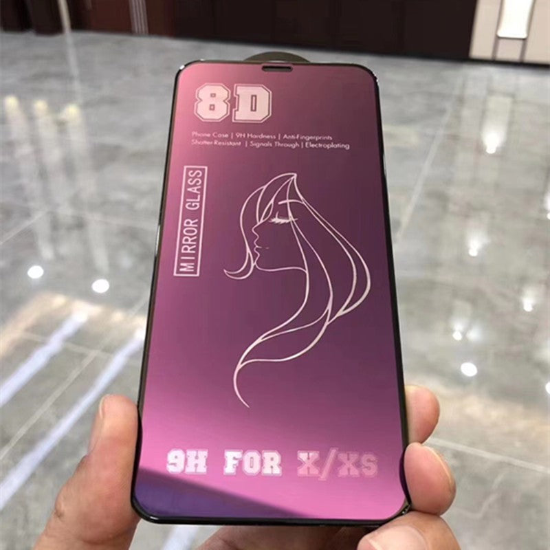 Folie Mirror 8D Vivimall pentru iPhone 15 Plus, detaliu reflexie efect oglindă violet