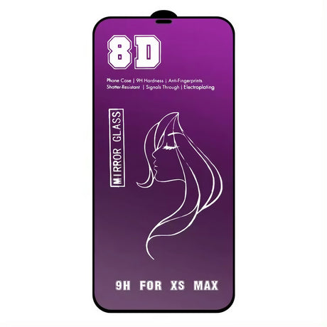 Detaliu folie Mirror 8D violet pentru iPhone 15 Pro, margine neagră și tratament anti-amprentă