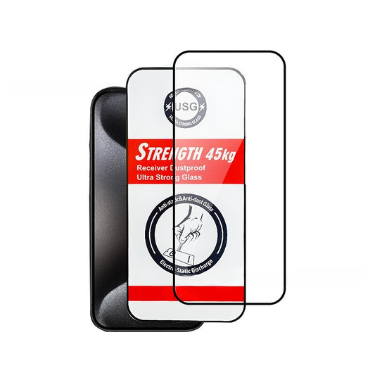 Folie de Protectie, Vivimall, pentru iPhone 15 Pro, Tempered Glass USG, Ultra Rezistent 45kg, Full Cover, Antistatica, Margini Negre, Transparent - vivimall.ro