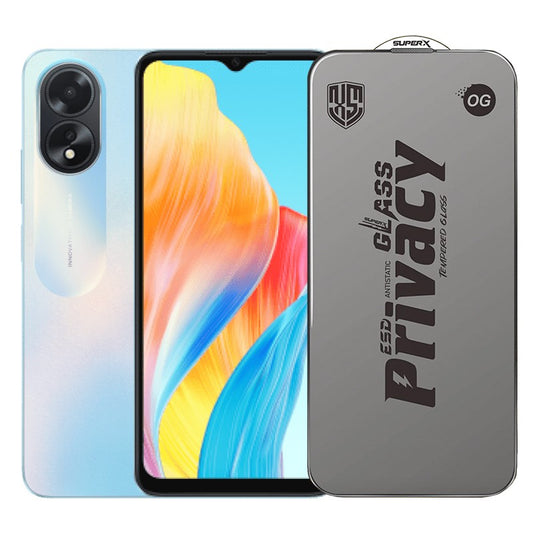 Folie de Protectie pentru Oppo A18, Vivimall, Sticla Securizata ESD Antistatica, Super-X Privacy OG, Margini Negre, 0.30 mm, Transparent Inchis - vivimall.ro