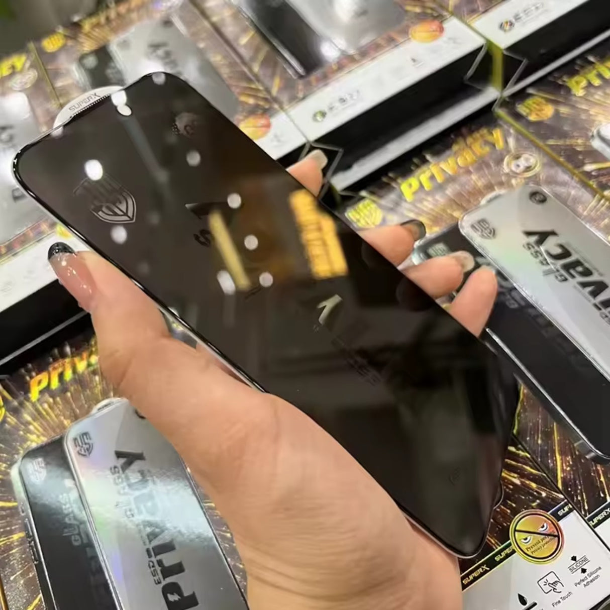 Folie de Protectie pentru Oppo A38, Flippy, Sticla Securizata ESD Antistatica, Super-X Privacy OG, Margini Negre, 0.30 mm, Transparent Inchis - vivimall.ro