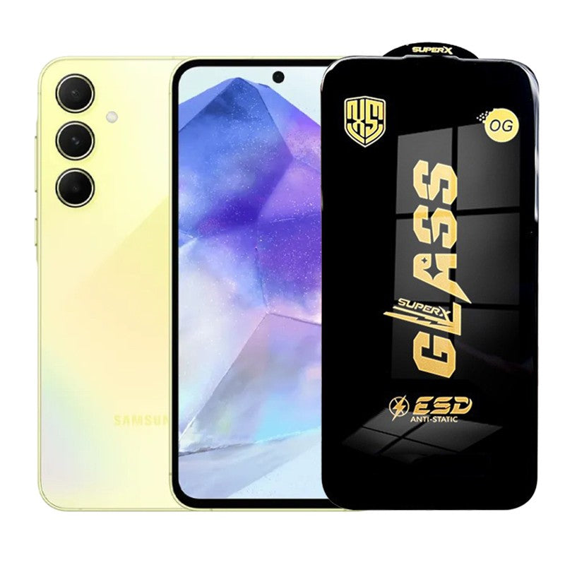 Folie sticlă securizată ESD pentru Samsung Galaxy A55, margini negre, 0.35 mm, vedere frontală