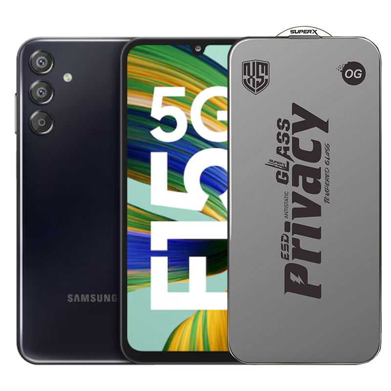 Folie sticlă securizată ESD Samsung Galaxy F15, model Super-X Privacy OG, margini negre, vedere frontală