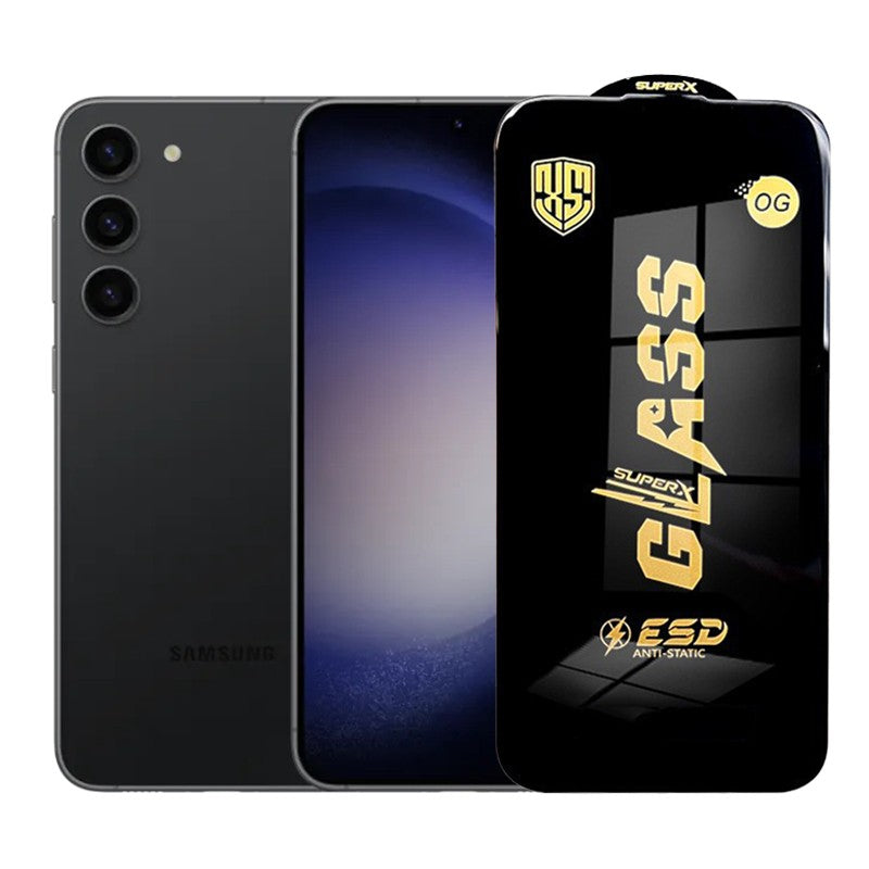 Folie sticlă securizată ESD pentru Samsung Galaxy S23+, 0.35 mm, margini negre, vedere frontală