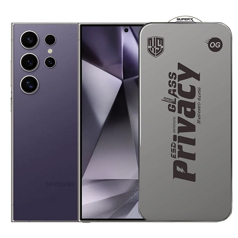Folie de Protectie pentru Samsung Galaxy S24 Ultra, Vivimall, Sticla Securizata ESD Antistatica, Super-X Privacy OG, Margini Negre, 0.30 mm, Transparent Inchis - vivimall.ro