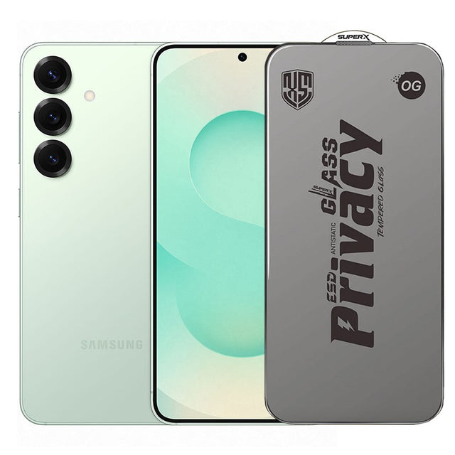 Folie de Protectie pentru Samsung Galaxy S25, Flippy, Sticla Securizata ESD Antistatica, Super-X Privacy OG, Margini Negre, 0.30 mm, Transparent Inchis - vivimall.ro