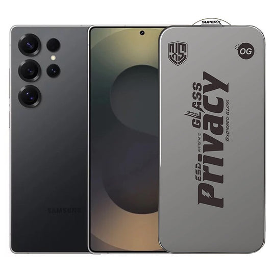 Folie de Protectie pentru Samsung Galaxy S25 Ultra, Flippy, Sticla Securizata ESD Antistatica, Super-X Privacy OG, Margini Negre, 0.30 mm, Transparent Inchis - vivimall.ro