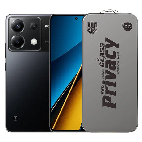 Folie sticlă securizată ESD antistatică Xiaomi Poco X6, Super-X Privacy OG, margini negre, vedere frontală