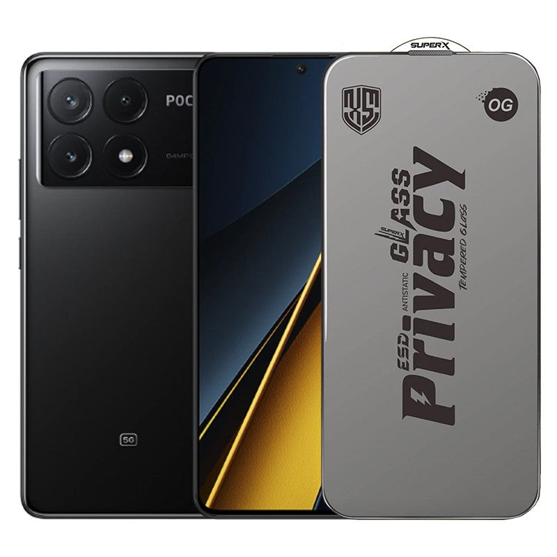 Folie sticlă securizată ESD Xiaomi Poco X6 Pro, Super-X Privacy OG, 0.30 mm, margini negre — vedere frontală