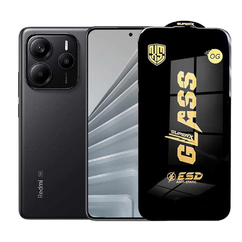 Folie sticlă securizată ESD pentru Xiaomi Redmi Note 14, grosime 0.35 mm, margini negre, vedere frontală