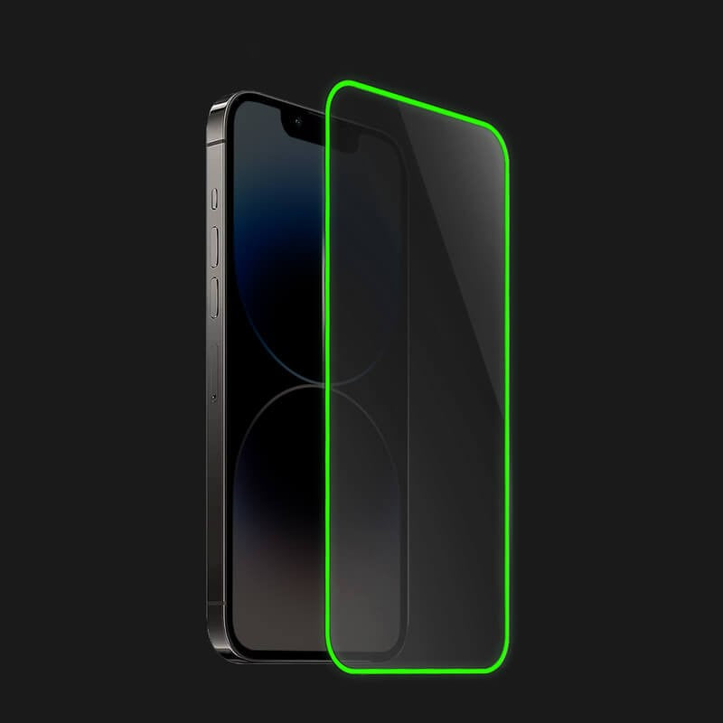 Pachet folie sticlă Vivimall Luminous verde pentru iPhone 15, conținut cutie 11x11x3 cm