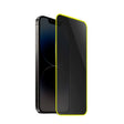 Folie sticlă securizată iPhone 15 Luminous cu margine fosforescentă neon galben, vedere frontală, model Vivimall