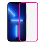 Folie sticlă securizată iPhone 15 Vivimall Luminous roz neon, vedere frontală, margine fosforescentă silicon