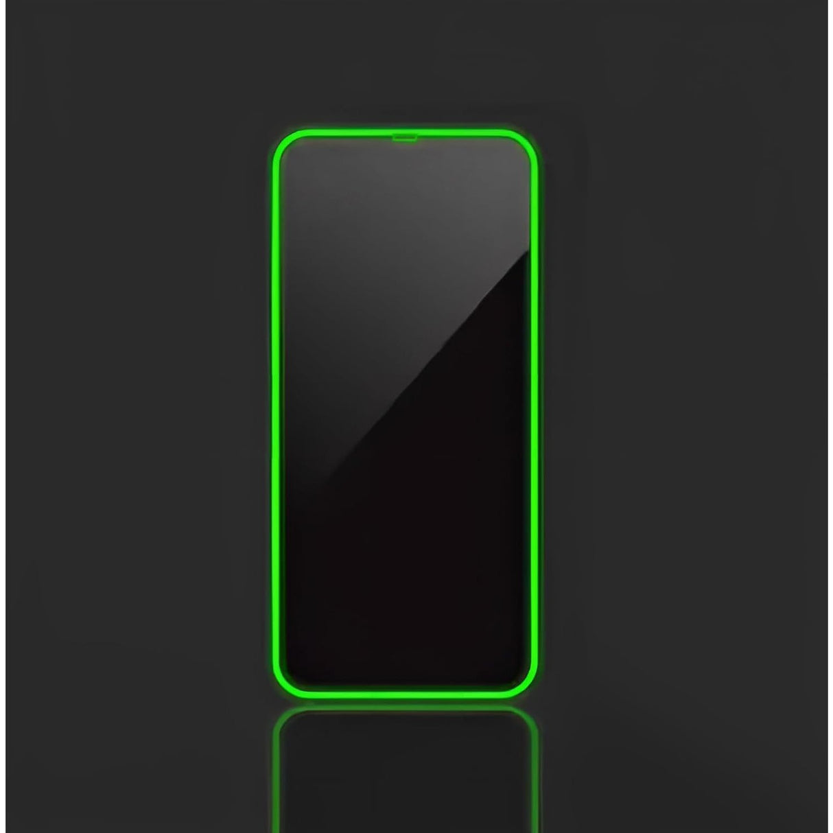 Folie sticlă iPhone 15 Pro cu margine silicon fosforescent verde, aplicată pe ecran, unghi lateral