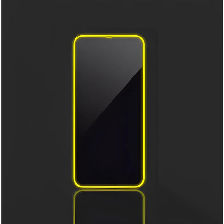 Folie sticlă mat iPhone 15 Pro cu margine silicon neon galben, detaliu margine fosforescentă