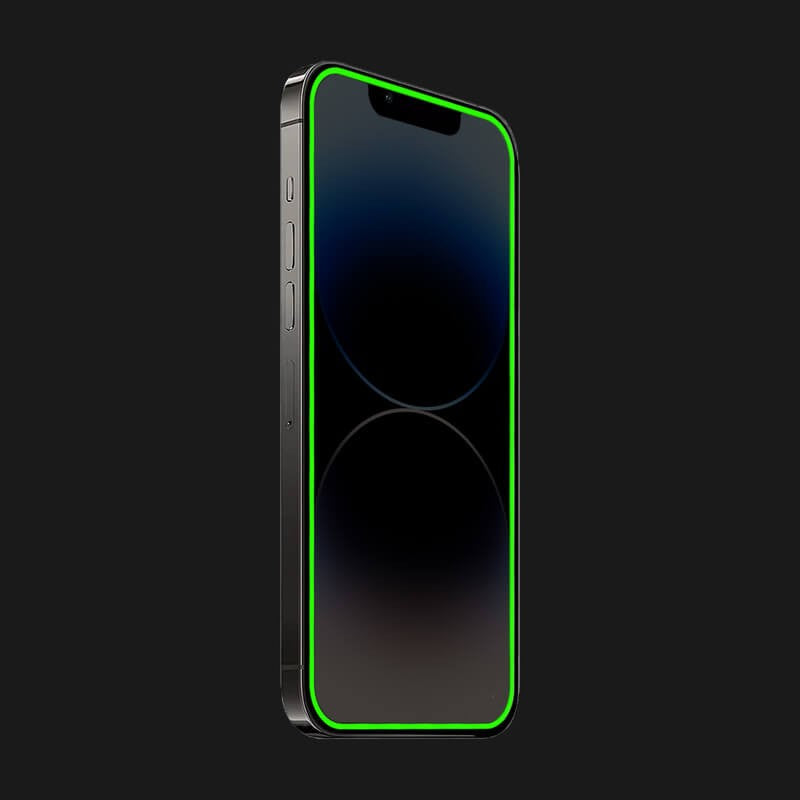 Protecție ecran iPhone 15 Pro Max, folie sticlă mat 9H cu efect fosforescent verde, unghi lateral
