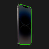 Protecție ecran iPhone 15 Pro Max, folie sticlă mat 9H cu efect fosforescent verde, unghi lateral