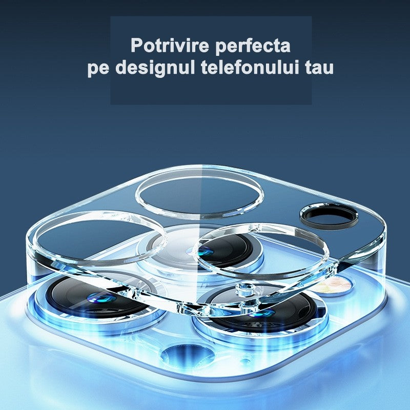 Pachet folie sticlă camera iPhone 15 Pro cu accesorii de montaj incluse, vedere de sus