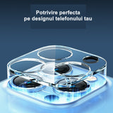 Pachet folie sticlă camera iPhone 15 Pro cu accesorii de montaj incluse, vedere de sus