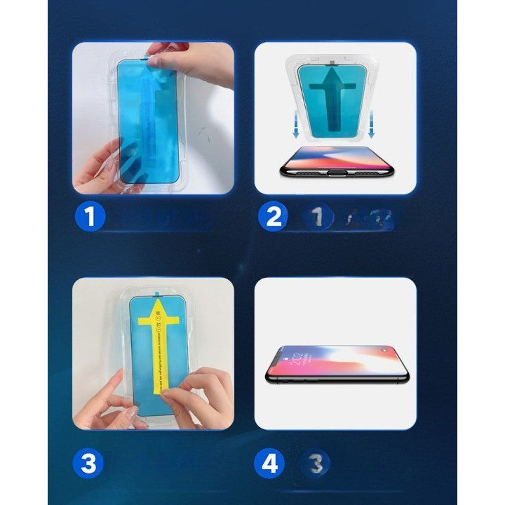 Folie sticla securizata cu sistem de montare usor si rapid Flippy pentru Apple iPhone 14 Plus / 13 Pro Max, Transparent cu margini negre - vivimall.ro
