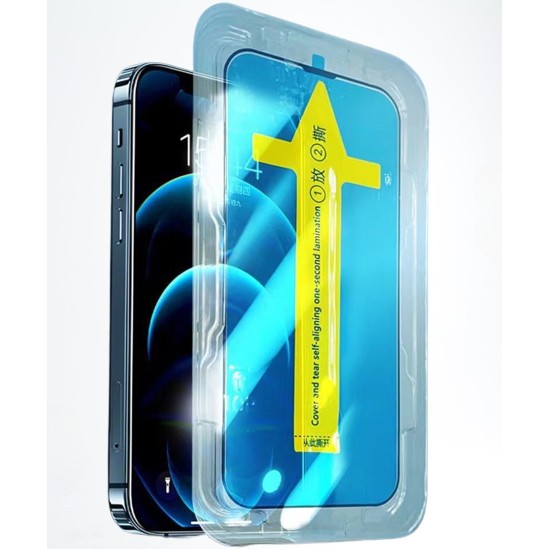 Folie sticla securizata cu sistem de montare usor si rapid Flippy pentru Apple iPhone 14 Pro Max, Transparent cu margini negre - vivimall.ro