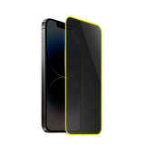 Folie sticlă securizată iPhone 15 Pro Max Luminous cu margine fosforescentă neon galben, vedere frontală