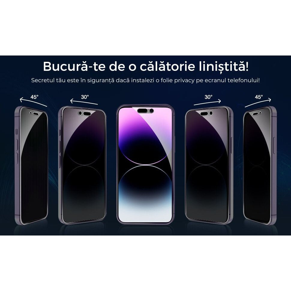 Comparație vizualizare ecran iPhone 16 Pro cu folie privacy activă și fără, unghi 30°