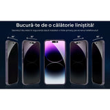 Comparație vizualizare ecran iPhone 16 Pro cu folie privacy activă și fără, unghi 30°