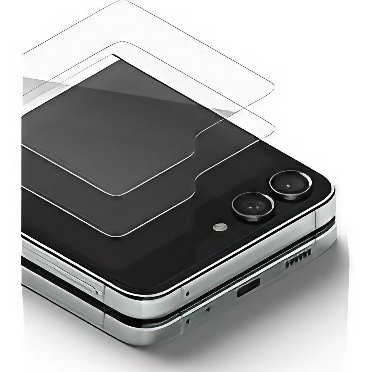 Detaliu margine curbată 2.5D folie securizată Galaxy Z Flip5, design subțire și precis
