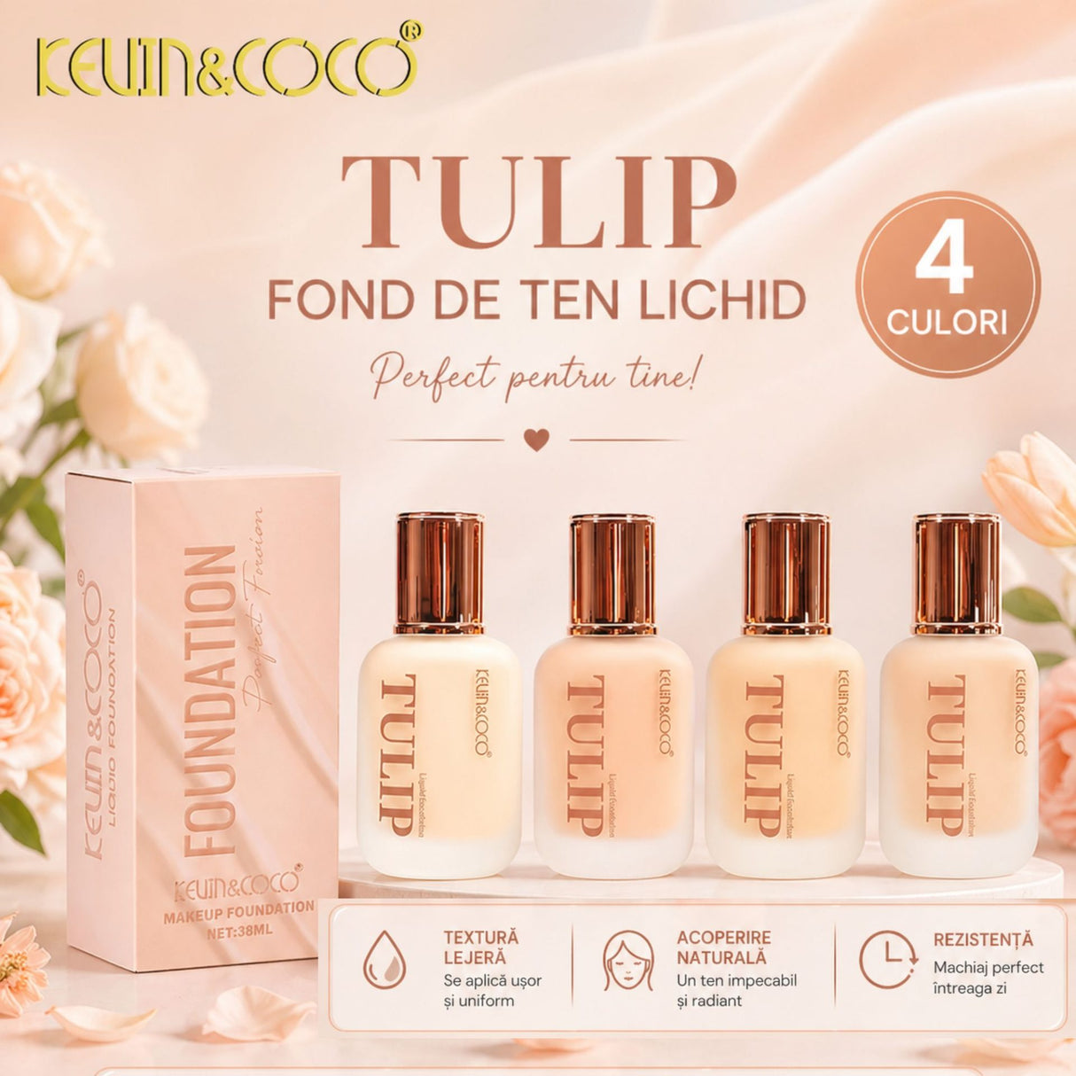 Fond de Ten, Kevin&Coco, Model Tulip, Textura Lichida, Acoperire Naturala, 38 ml, 5 x 3.7 x 10.7 cm, Nuanta 3, Warm Nude