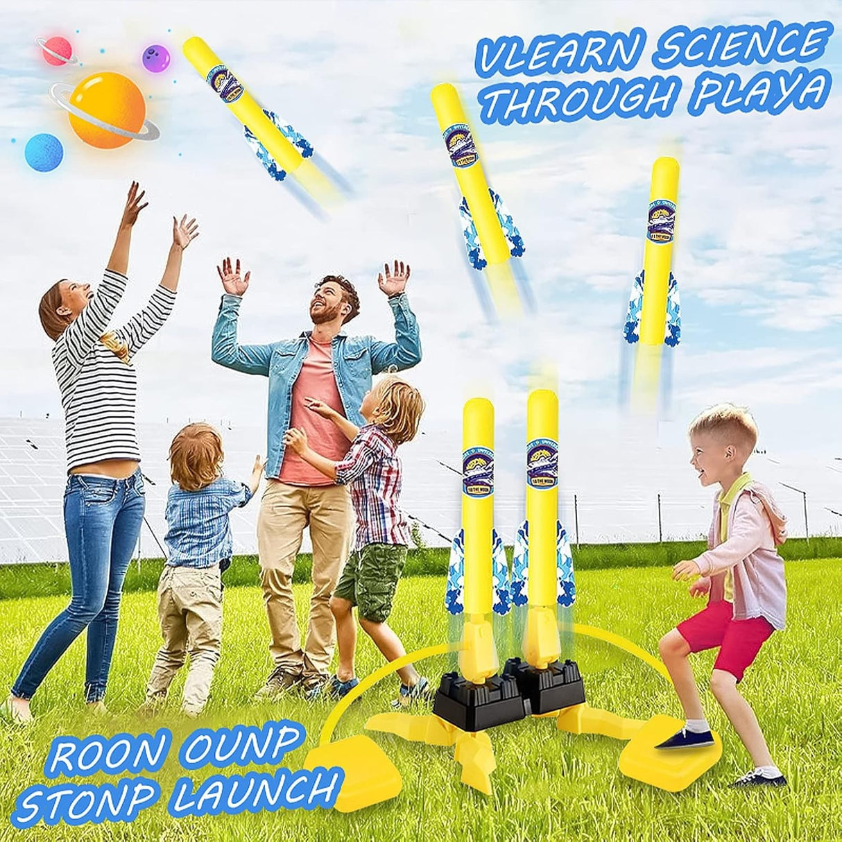 Jucarie pentru Copii, Vivimall, Lansator de Rachete cu Piciorul, Doua Lansatoare, 6 Rachete Fara Lumini, 45x18 cm, Galben - vivimall.ro