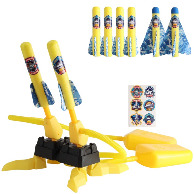 Jucarie pentru Copii, Vivimall, Lansator de Rachete cu Piciorul, Doua Lansatoare, 6 Rachete Fara Lumini, 45x18 cm, Galben - vivimall.ro