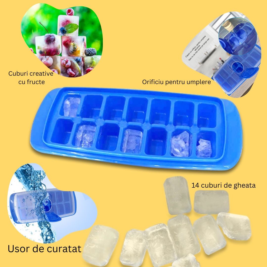 Forma Pentru Cuburi De Gheata 14 Cuburi, Reutilizabil, Plastic Alimentar, Cu Capac, Orificiu Umplere, Dreptunghiulara, 29.5 X 12.5 X4 Cm, Albastru - vivimall.ro