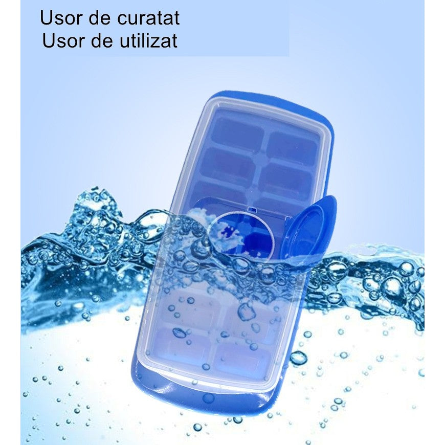 Forma pentru cuburi de gheata Vivimall, 14 cuburi, reutilizabil, plastic alimentar, cu capac, orificiu umplere, dreptunghiulara, 29.5 x 12.5 x4 cm, albastru - vivimall.ro