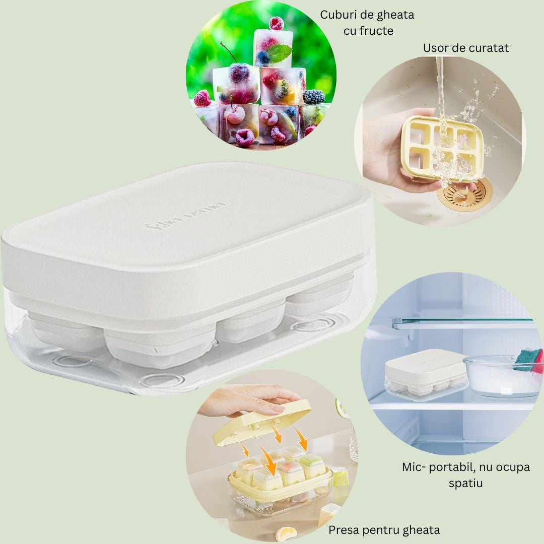 Forma Pentru Gheata Cu Presa Din Silicon Alimentar, 6 Cuburi, Caserola Pentru Depozitare, Usor De Folosit Si Curatat, 10.5 X 7.5 X 4.1 Cm - vivimall.ro