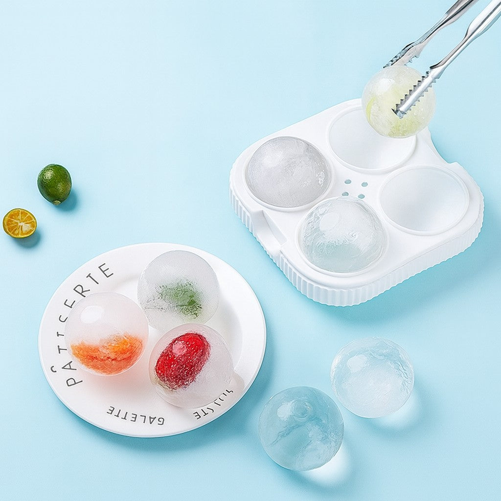 Forma Sfere de Gheata pentru Wiskey si Cocktail-uri Flippy, 4 Sfere, Material Plastic/Silicon Alimentar, Diametru 6.5 cm, cu Orificiu Tip Palnie pentru Umplere, 17 x 17 x 7 cm, Alb - vivimall.ro