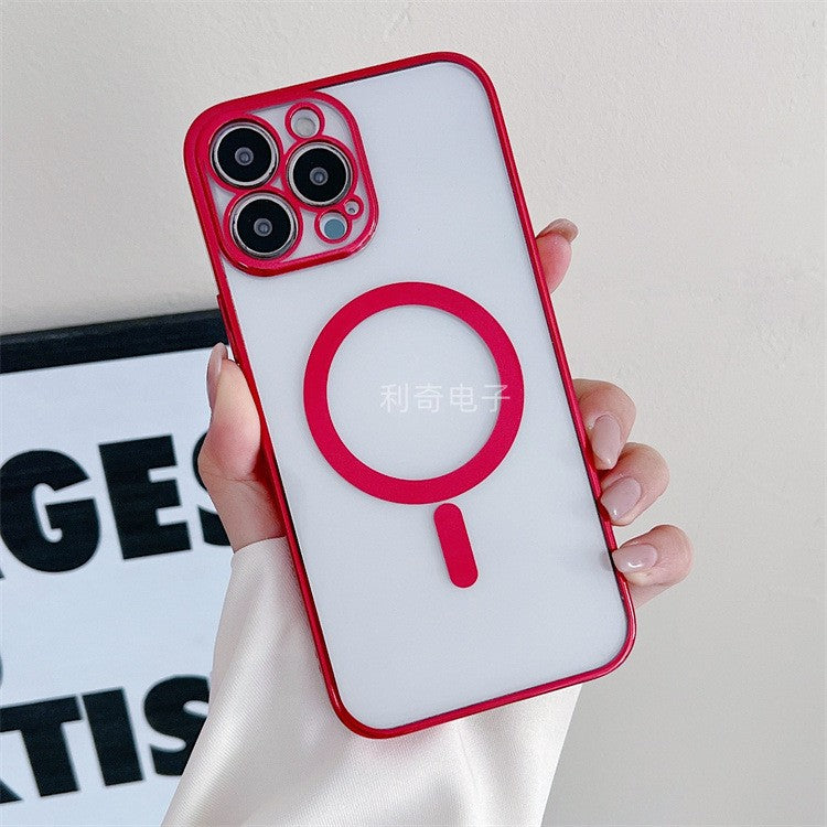 Husa MagSafe pentru Apple iPhone 14, Protectie camera, Full TPU, Margini colorate Electroplating, Magnetica, Incarcare Wireless, Flippy, Rosu - vivimall.ro