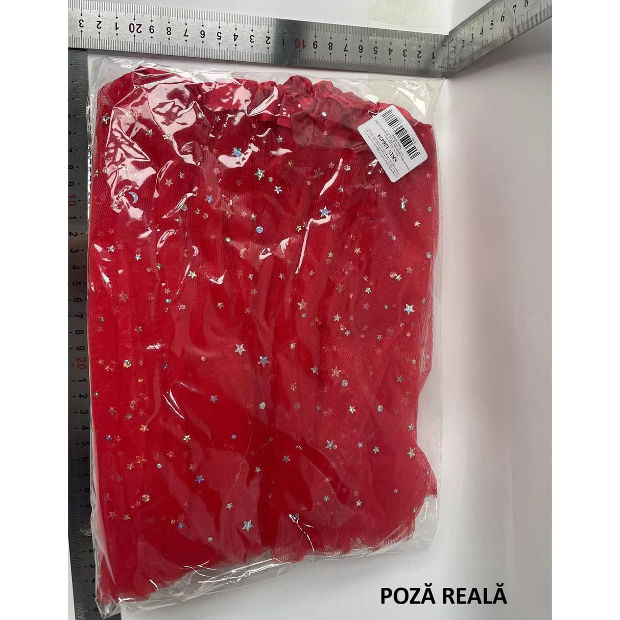 Fusta LED pentru Copii, Flippy, Tutu de Balet pentru Fetite cu Luminite Multicolore Incorporate, Model Stelute, 30 cm Lungime, Rosu