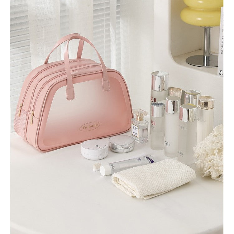 Geanta Cosmetice de Voiaj, Vivimall, Dubla Compartimentare, Impermeabila, Translucida Mata, 35 x 22 x 15 cm, Roz - vivimall.ro