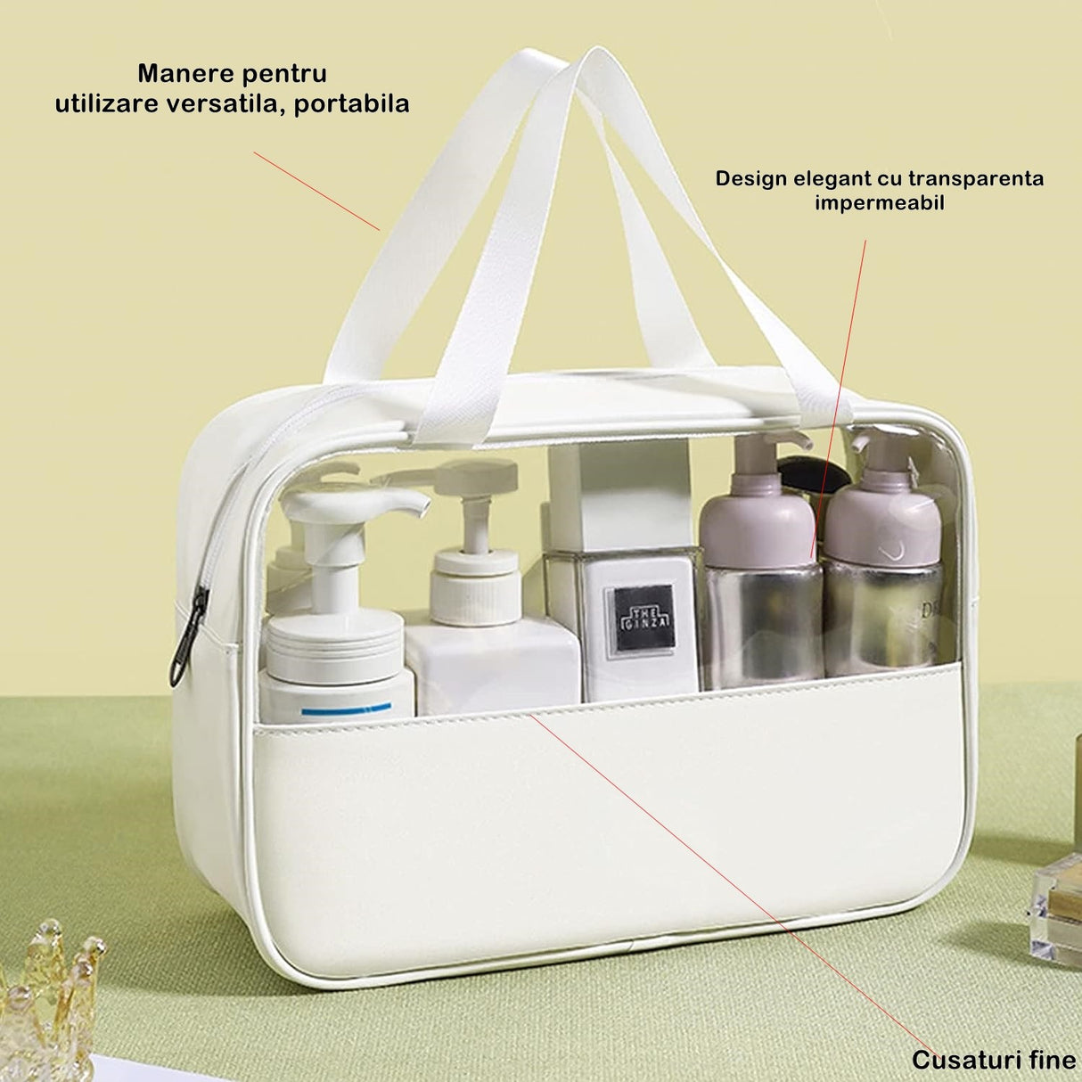 Geanta cosmetice Flippy, pentru voiaj sau organizare, material PVC/textil, impermeabila, portabila, 26 x 15 x 10 cm, alb - vivimall.ro