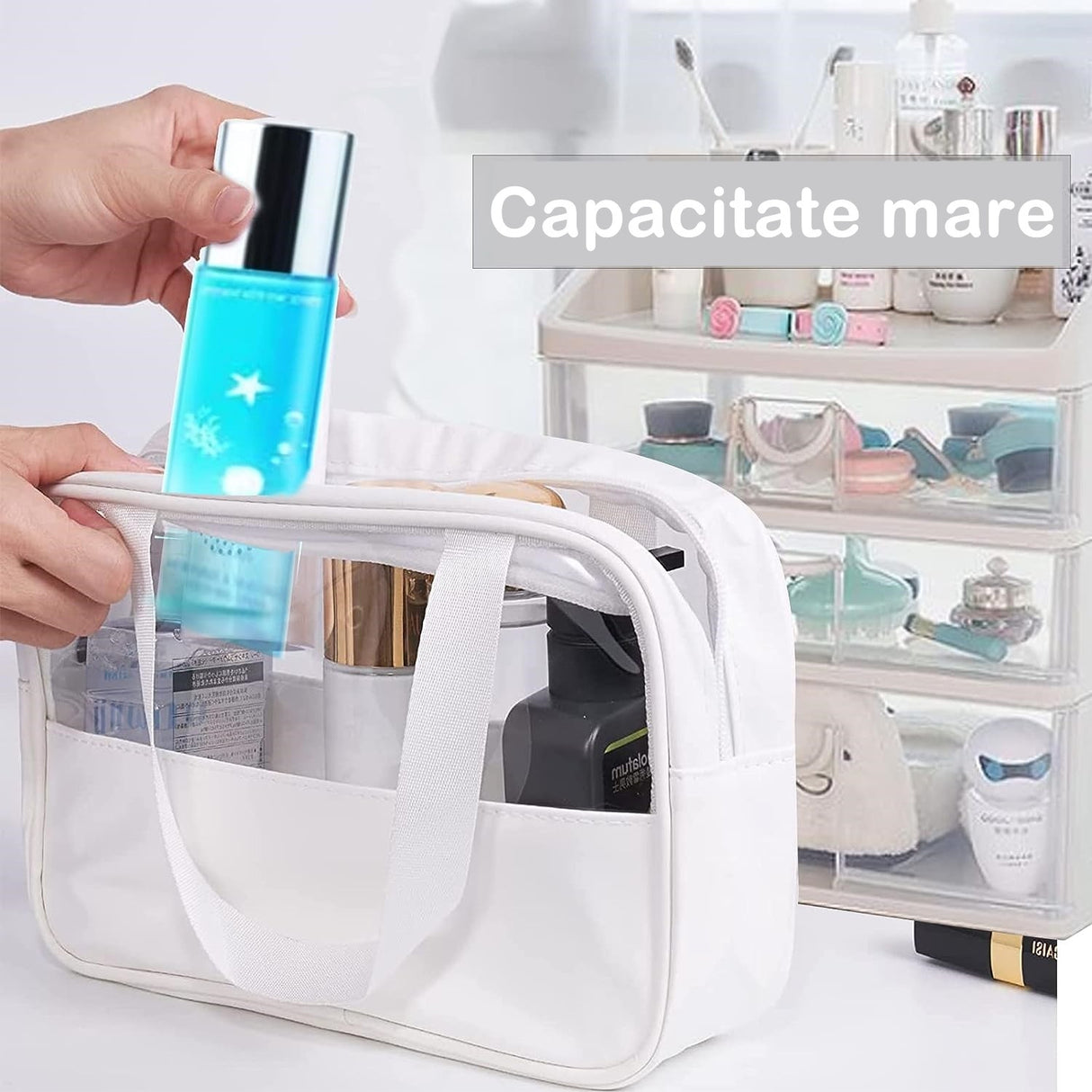 Geanta cosmetice Flippy, pentru voiaj sau organizare, material PVC/textil, impermeabila, portabila, 26 x 15 x 10 cm, alb - vivimall.ro