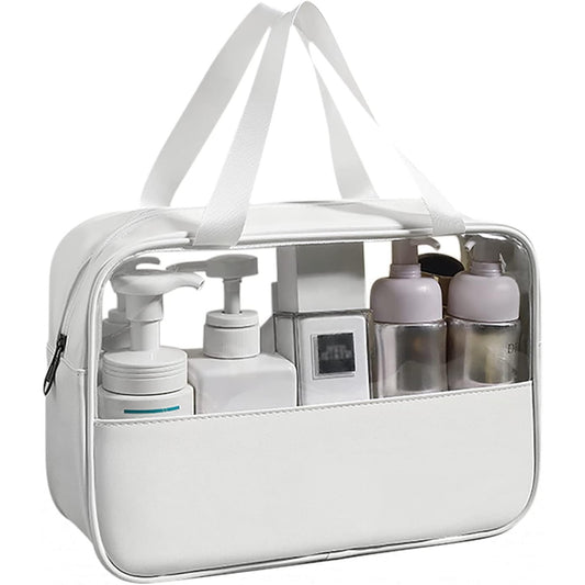 Geanta cosmetice Vivimall, pentru voiaj sau organizare, material PVC/textil, impermeabila, portabila, 26 x 15 x 10 cm, alb - vivimall.ro