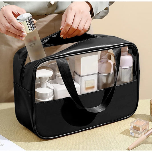Geanta cosmetice Vivimall, pentru voiaj sau organizare, material PVC/textil, impermeabila, portabila, 26 x 15 x 10 cm, negru - vivimall.ro